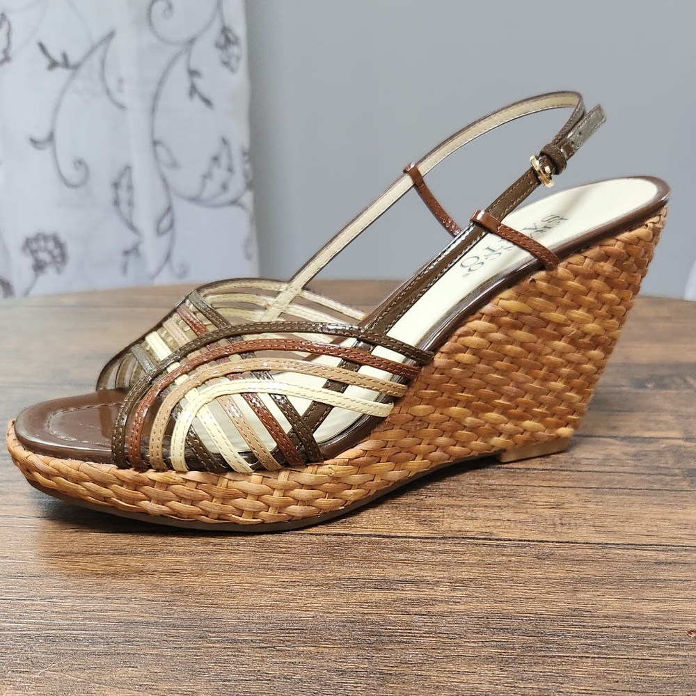 FRANCO SARTO Patent Sandals Basket Weave Platform Wedge Sandal 8